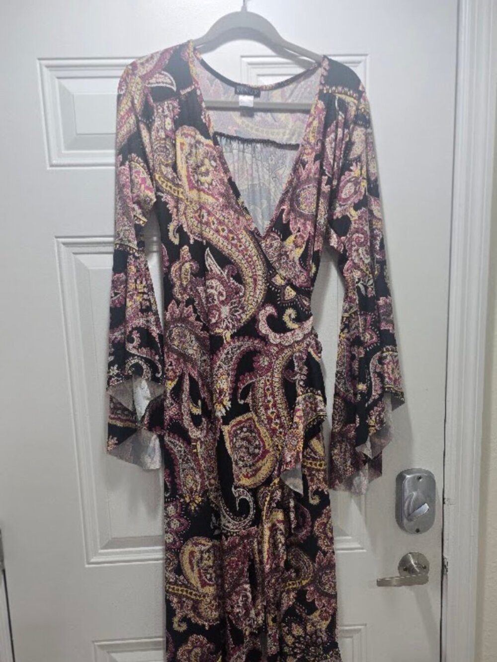 VENUS LARGE Paisley Wrap Maxi Dress Bell Sleeve High Low Boho Black Multicolor